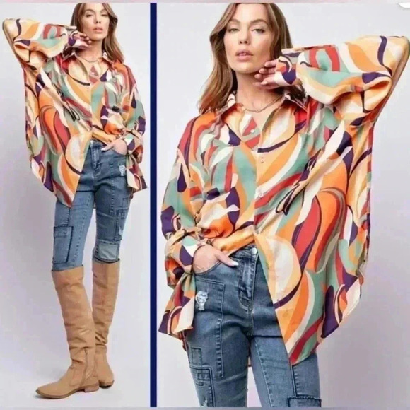 EASEL "Mirabelle" Dull Satin Geo Print
Vibrant Colored Button Up Collared Cuffed - Picture 8 of 9